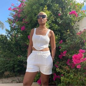 French terry back laced up crop top shorts set.